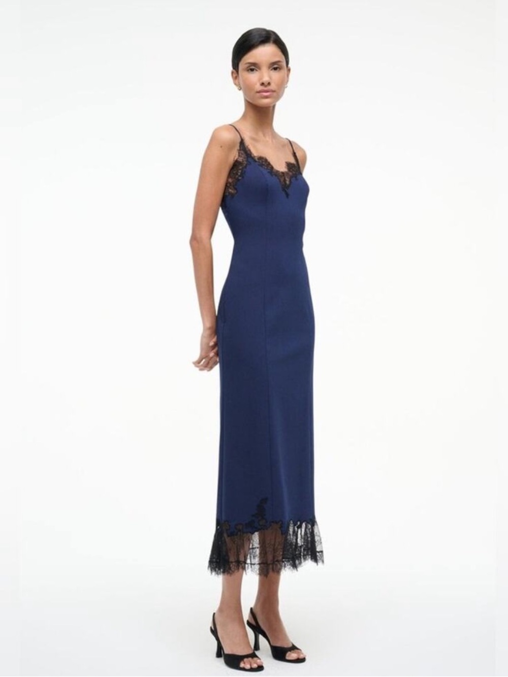Staud Nadia Lace Trim Midi Dress in Navy S - Picture 9 of 10